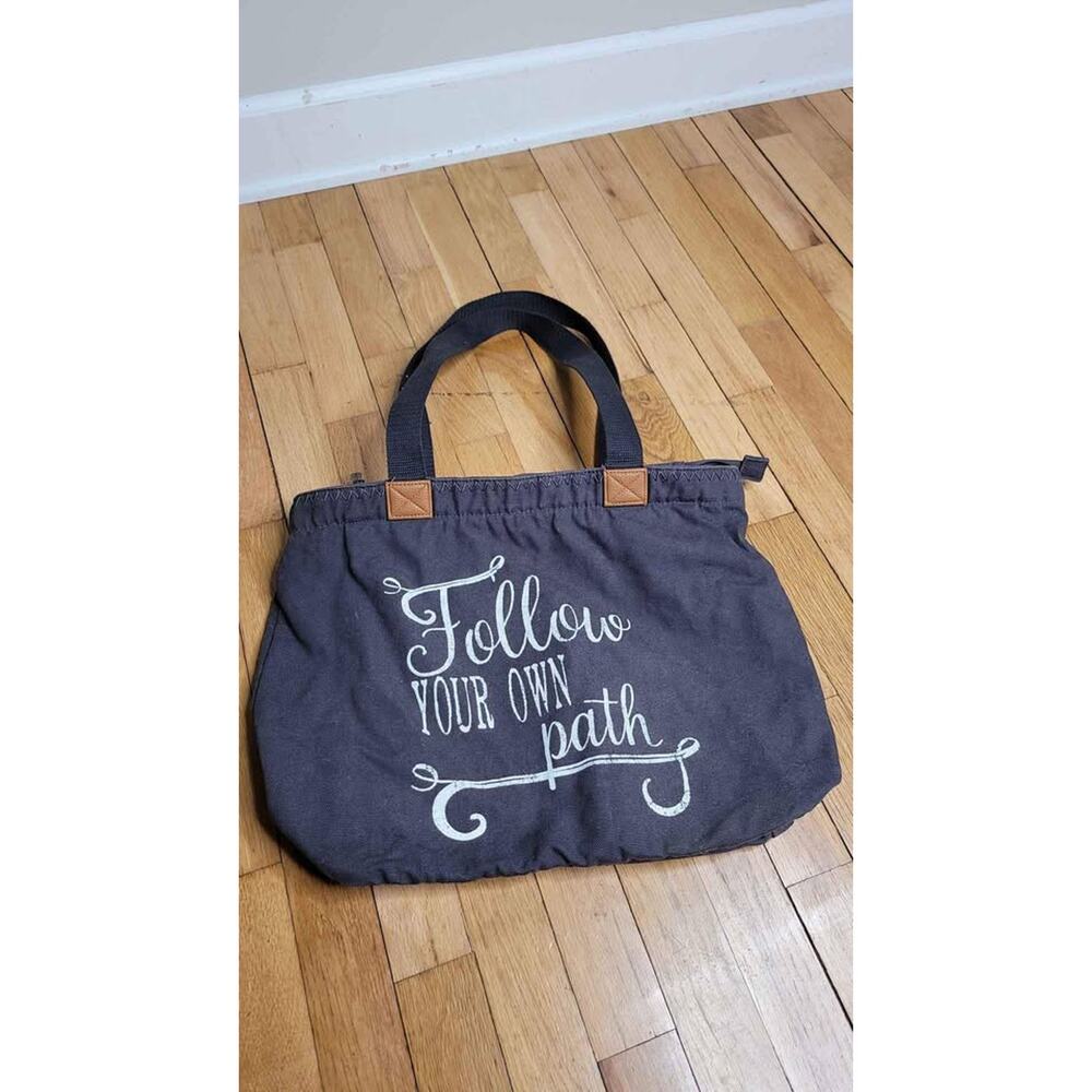 Gray Canvas Tote‎ Bag Follow Your Own Path Inspirational Quote Zipper Top Casual